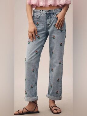 Anthro Pilcro Baggy Slim Boyfriend Jeans Embroidered Floral High Rise Size 27